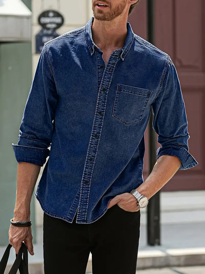 Cool denim summer shirt for men with a lightweight, breathable design, perfect for warm-weather style.