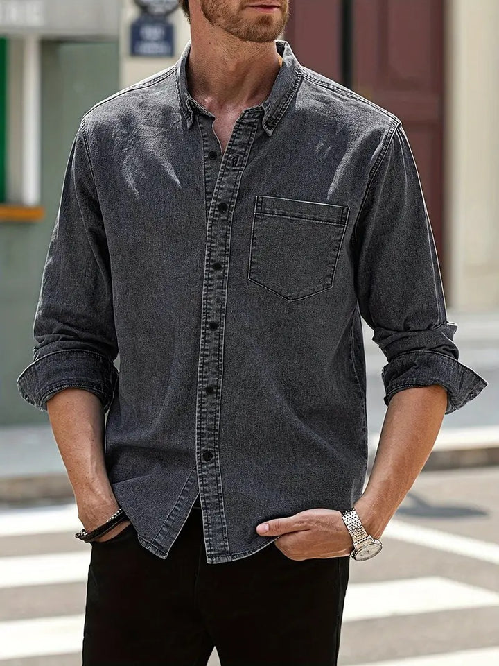 Cool denim summer shirt for men with a lightweight, breathable design, perfect for warm-weather style.
