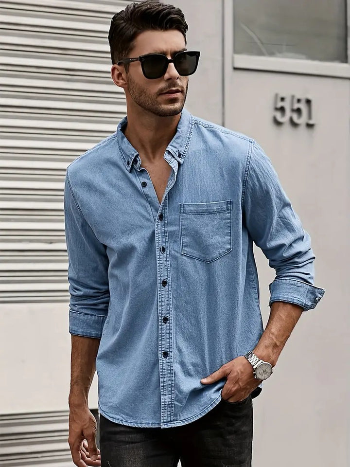 Cool denim summer shirt for men with a lightweight, breathable design, perfect for warm-weather style.
