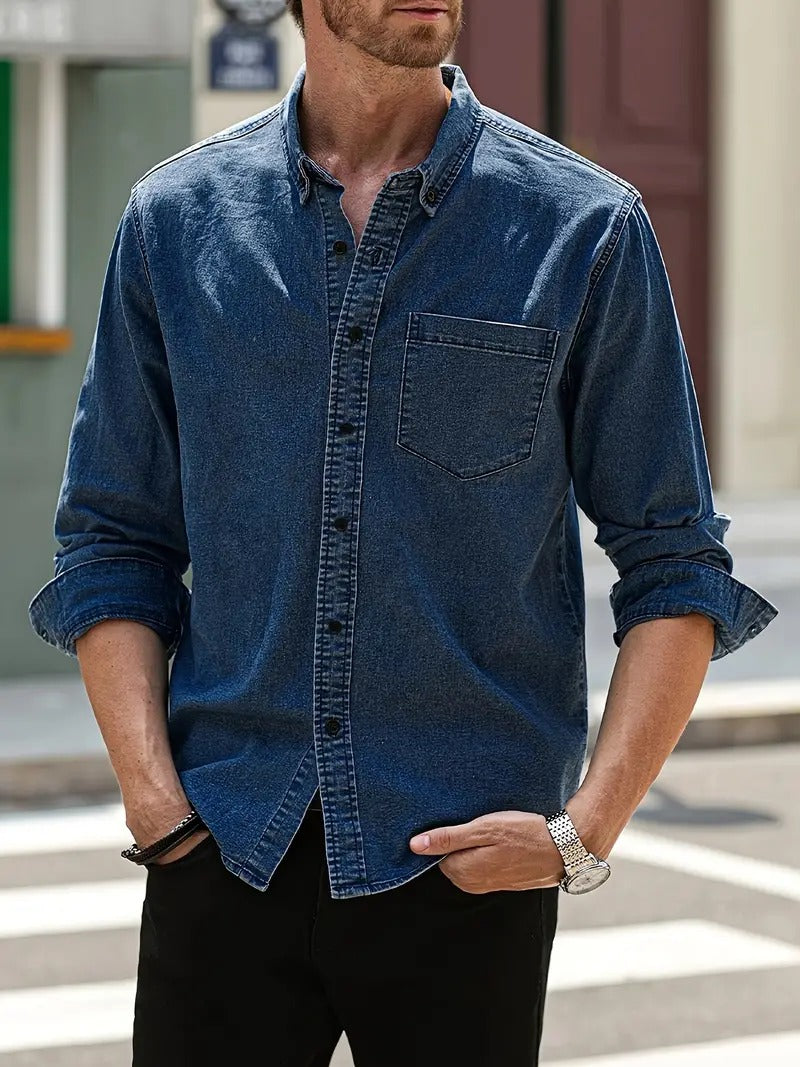 Cool denim summer shirt for men with a lightweight, breathable design, perfect for warm-weather style.