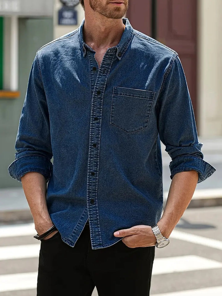 Cool denim summer shirt for men with a lightweight, breathable design, perfect for warm-weather style.