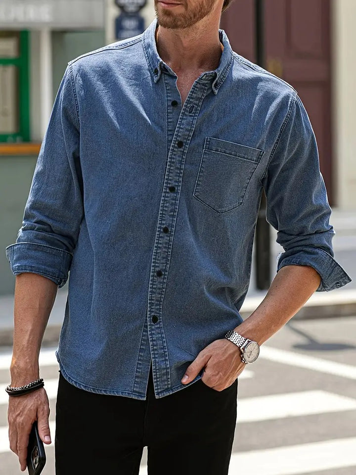 Cool denim summer shirt for men with a lightweight, breathable design, perfect for warm-weather style.