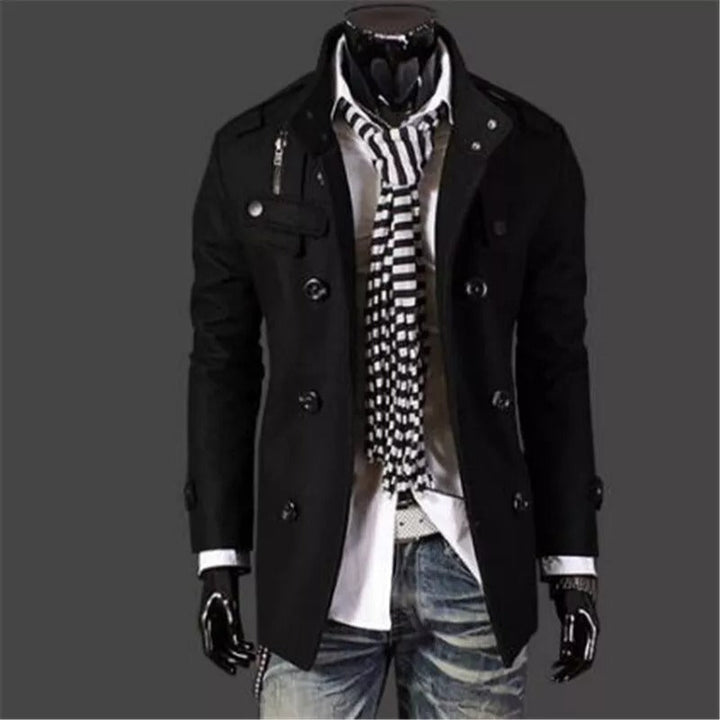 Elegant double-breasted coat for men, perfect for autumn days and versatile styling.







