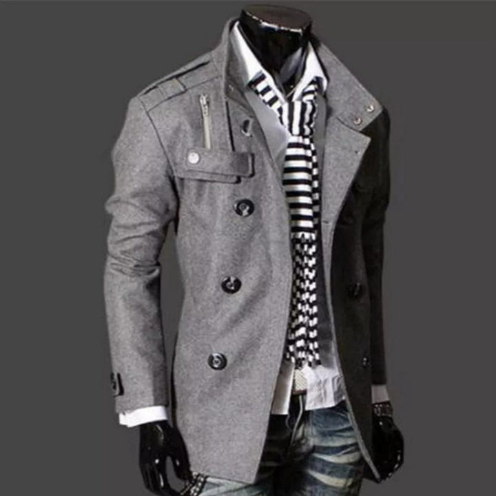 Elegant double-breasted coat for men, perfect for autumn days and versatile styling.







