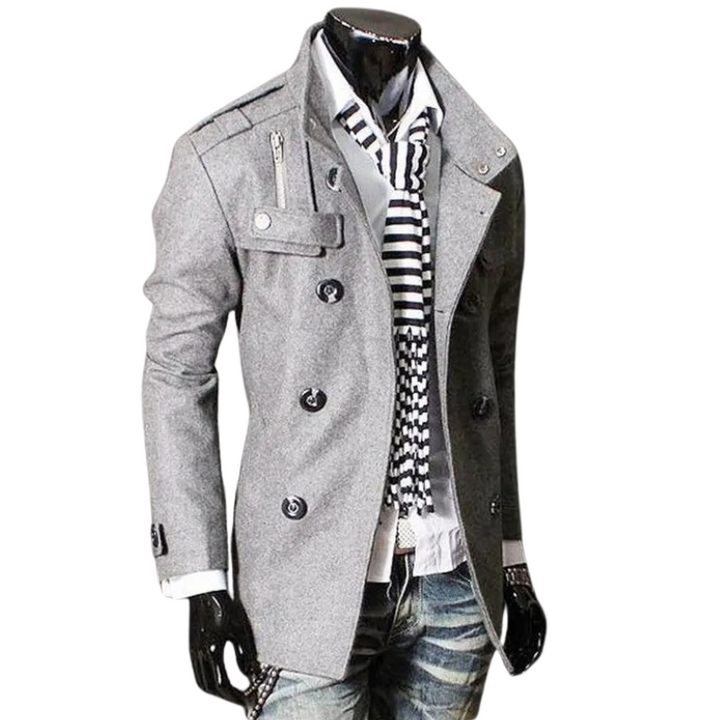 Elegant double-breasted coat for men, perfect for autumn days and versatile styling.








