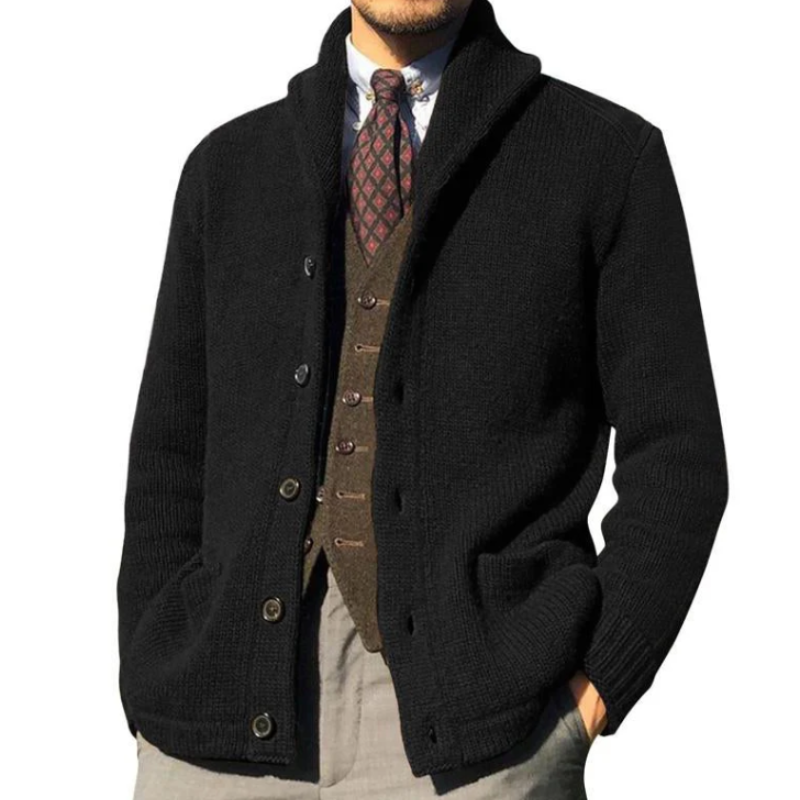 Men’s elegant knitted jacket with tailored fit and soft texture, perfect for comfort and style on autumn days.








