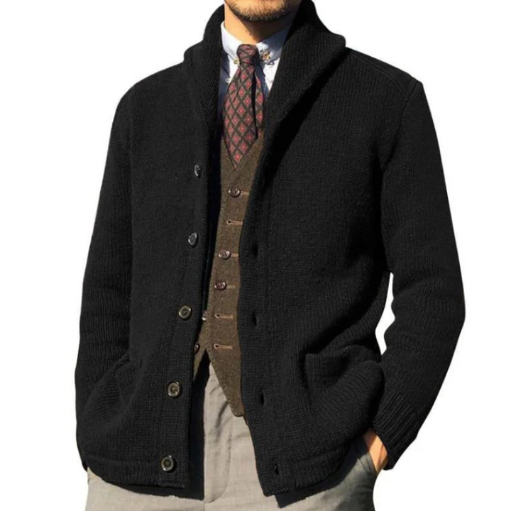 Men’s elegant knitted jacket with tailored fit and soft texture, perfect for comfort and style on autumn days.








