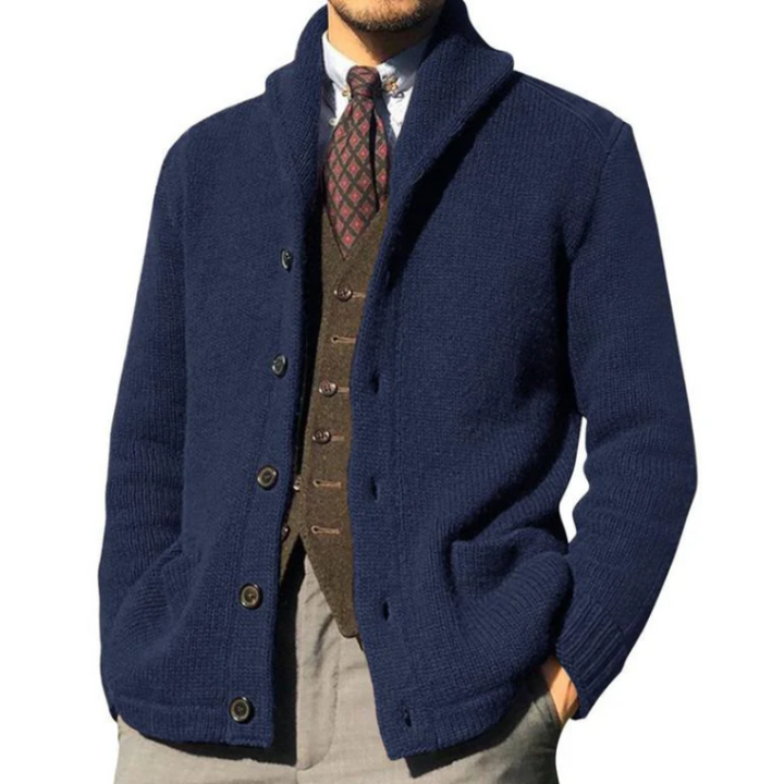 Men’s elegant knitted jacket with tailored fit and soft texture, perfect for comfort and style on autumn days.









