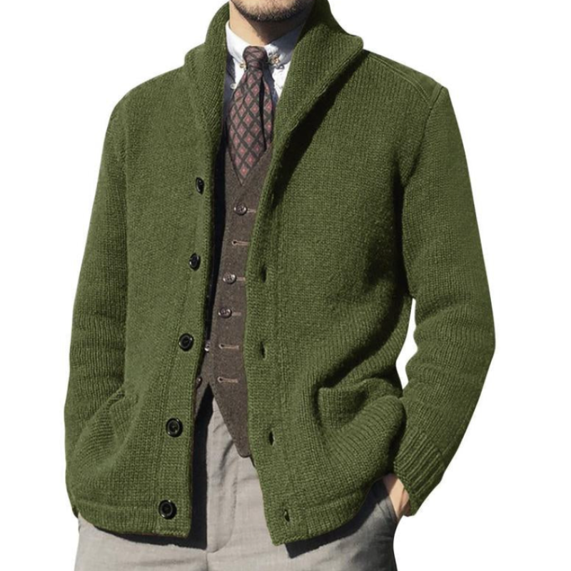 Men’s elegant knitted jacket with tailored fit and soft texture, perfect for comfort and style on autumn days.








