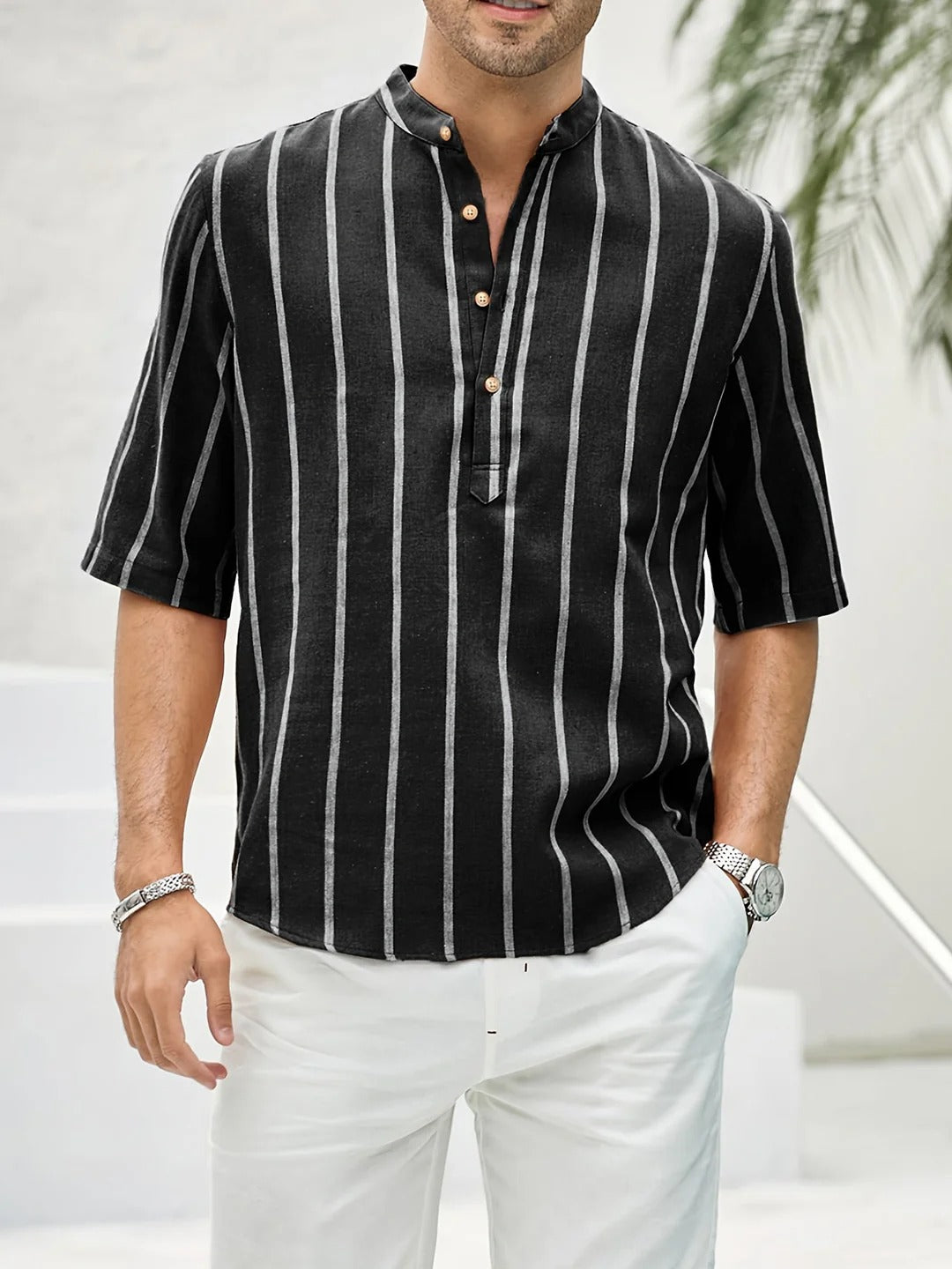  Elegant men's striped summer shirt with breathable fabric and a classic design for stylish warm-weather wear.