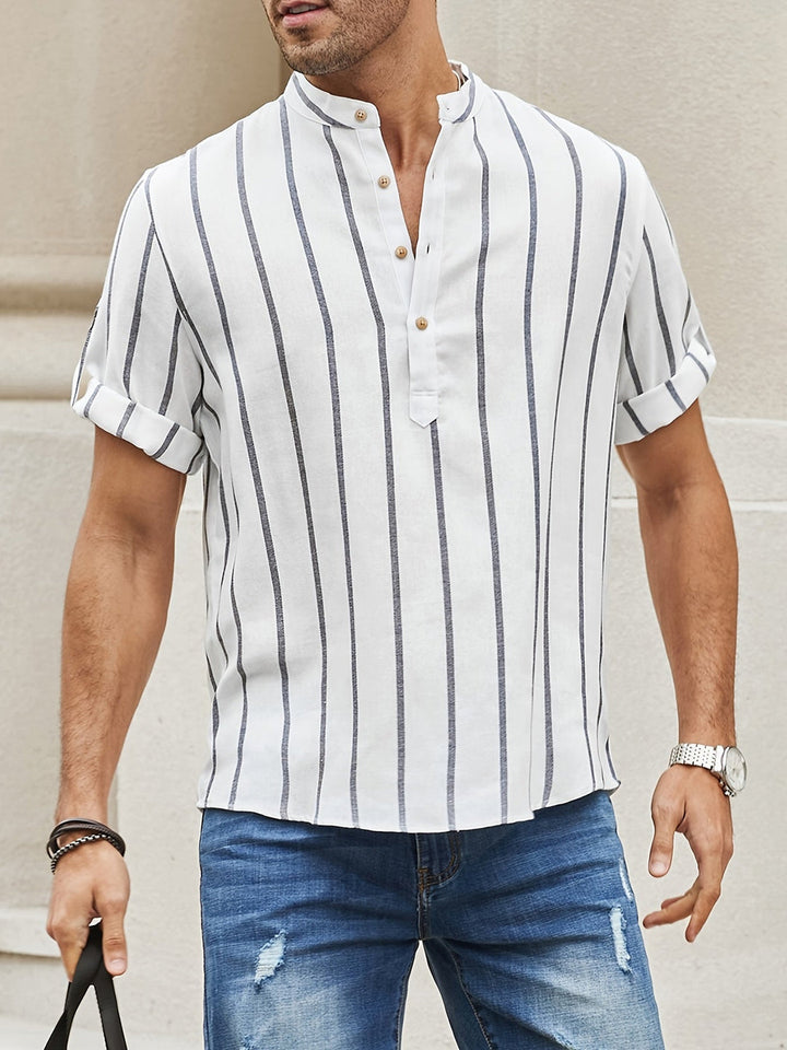  Elegant men's striped summer shirt with breathable fabric and a classic design for stylish warm-weather wear.