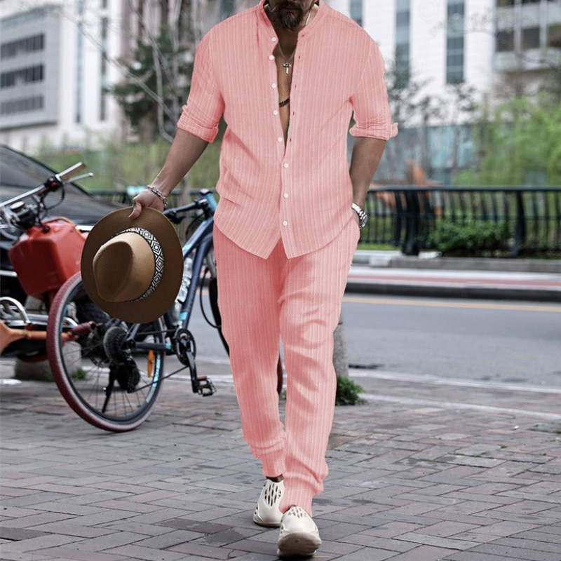 Elegant shirt and pants set for men with lightweight breathable fabric, perfect for stylish summer days.








