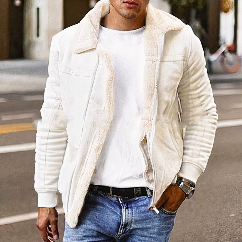 Man wearing a high-quality faux leather jacket, perfect for stylish and confident wear on autumn days.








