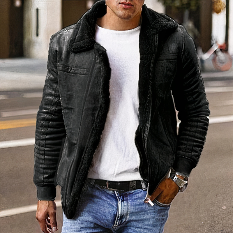 Man wearing a high-quality faux leather jacket, perfect for stylish and confident wear on autumn days.








