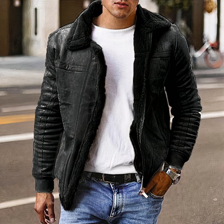 Man wearing a high-quality faux leather jacket, perfect for stylish and confident wear on autumn days.









