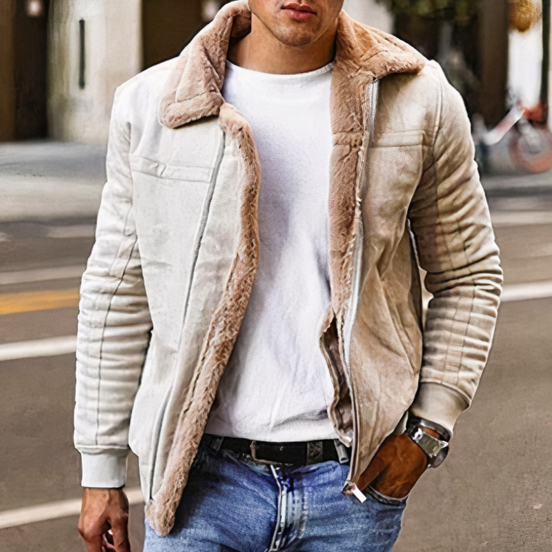 Man wearing a high-quality faux leather jacket, perfect for stylish and confident wear on autumn days.








