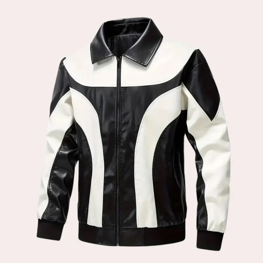 Men's luxurious leather jacket with a sleek, timeless design, perfect for stylish autumn outfits.







