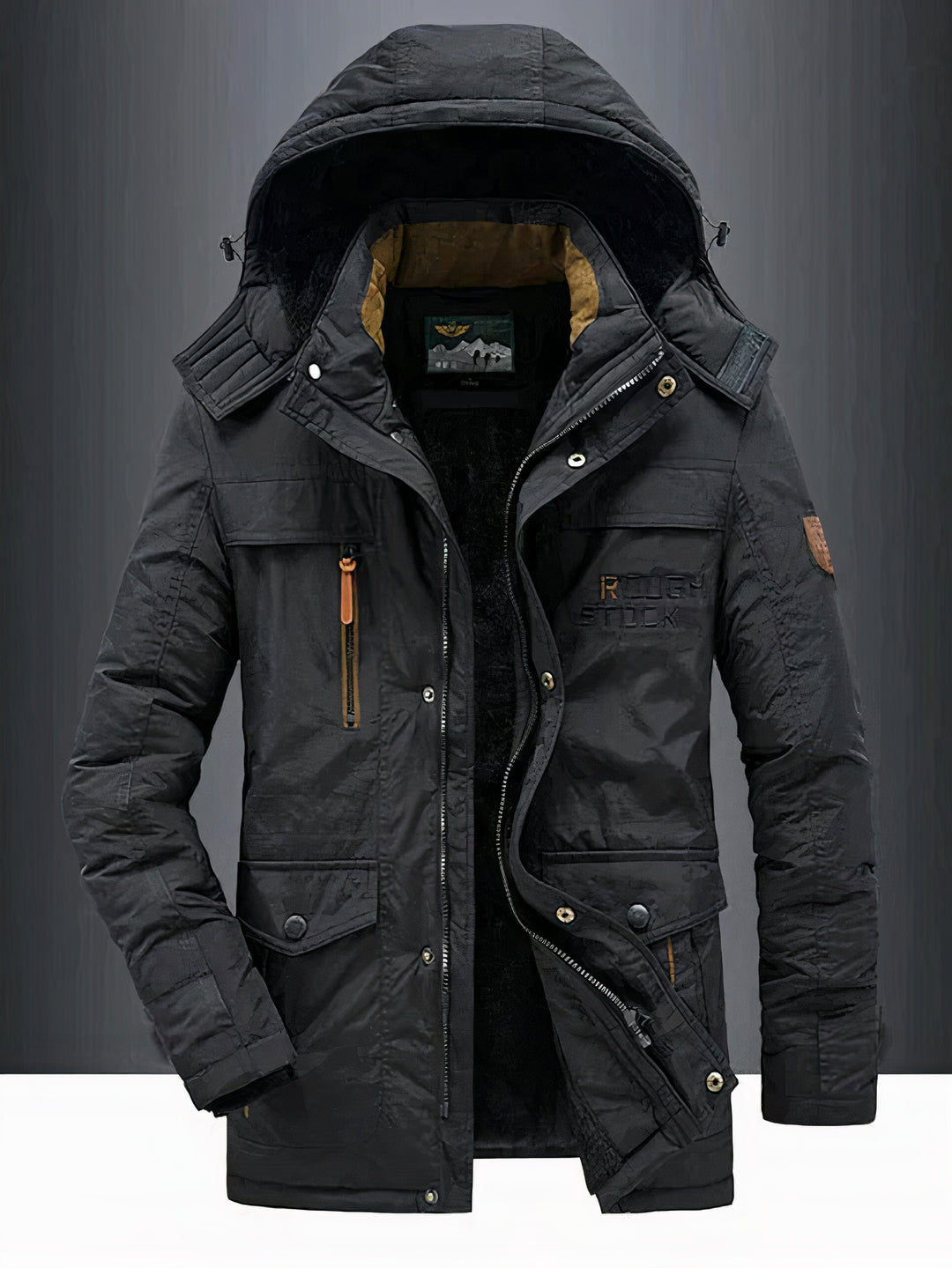 Men's classic warm hooded jacket with insulated interior, windproof and water-resistant design, ideal for autumn days.