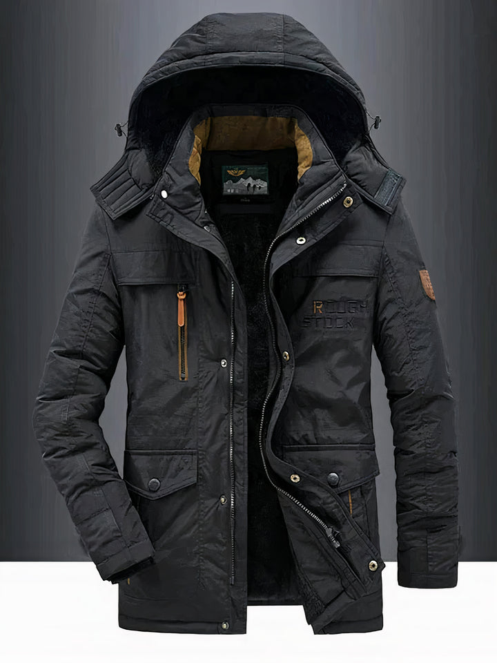 Men's classic warm hooded jacket with insulated interior, windproof and water-resistant design, ideal for autumn days.