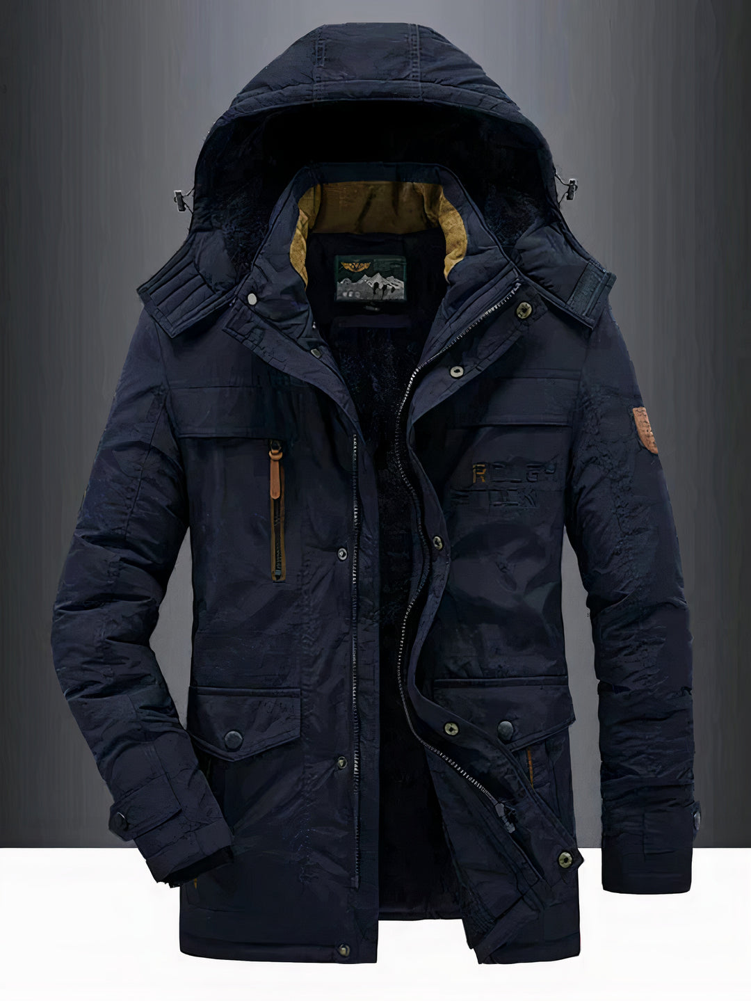 Men's classic warm hooded jacket with insulated interior, windproof and water-resistant design, ideal for autumn days.