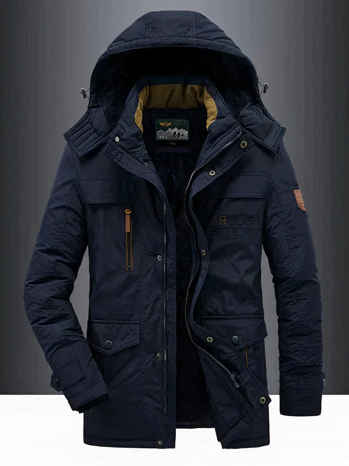 Men's classic warm hooded jacket with insulated interior, windproof and water-resistant design, ideal for autumn days.