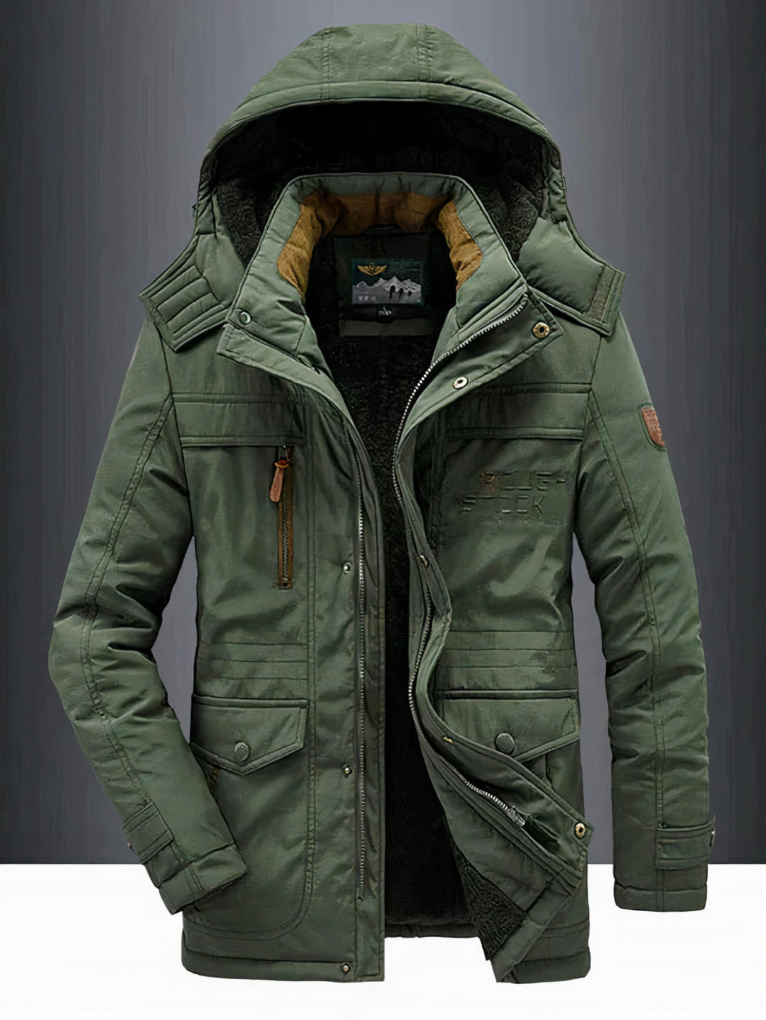 Men's classic warm hooded jacket with insulated interior, windproof and water-resistant design, ideal for autumn days.