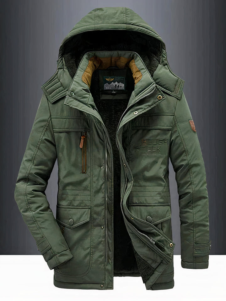 Men's classic warm hooded jacket with insulated interior, windproof and water-resistant design, ideal for autumn days.