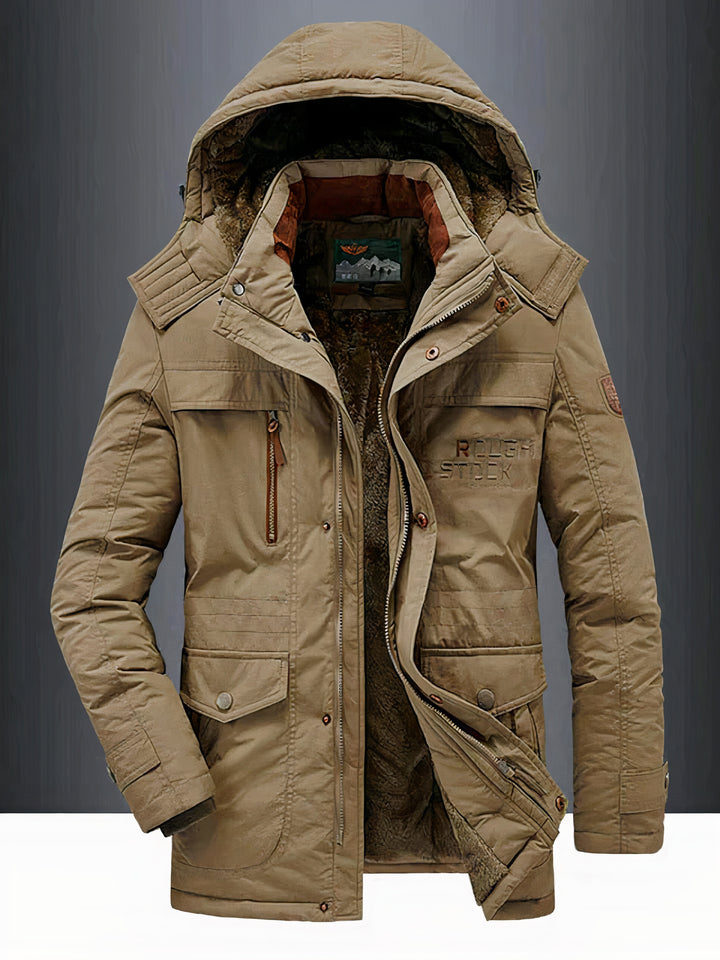 Men's classic warm hooded jacket with insulated interior, windproof and water-resistant design, ideal for autumn days.