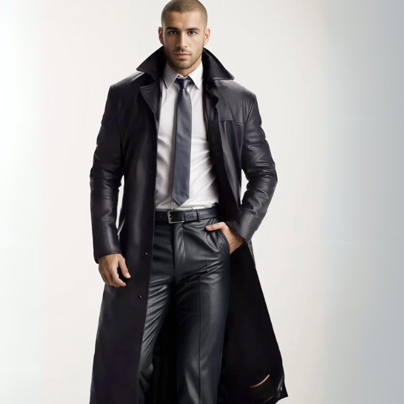 Men’s elegant long leather coat ideal for stylish Autumn days
