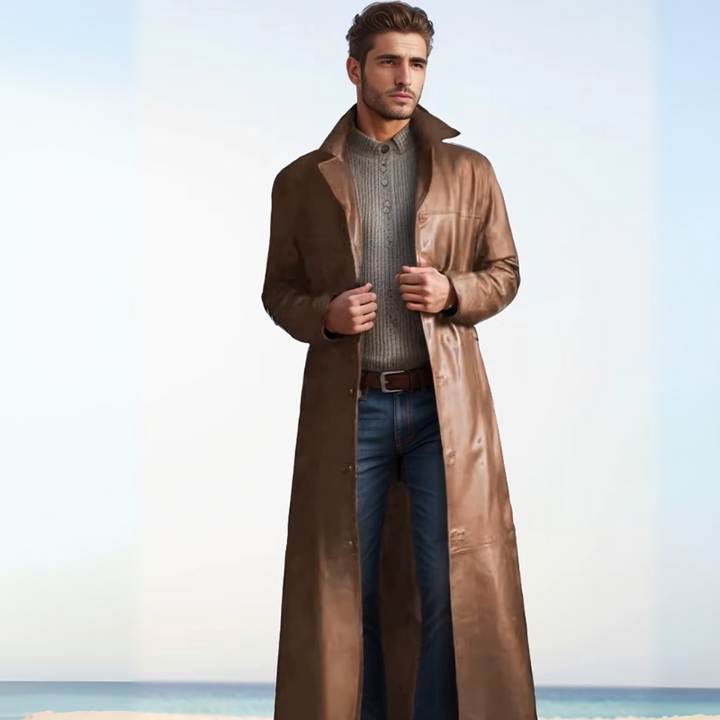 Men’s elegant long leather coat ideal for stylish Autumn days
