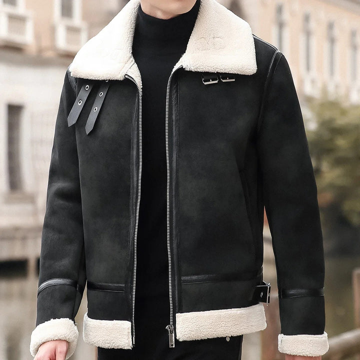 Men's elegant warm suede leather jacket, perfect for autumn days with a stylish and cozy design.