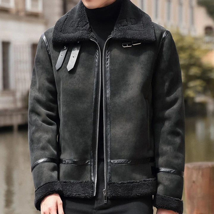 Men's elegant warm suede leather jacket, perfect for autumn days with a stylish and cozy design.