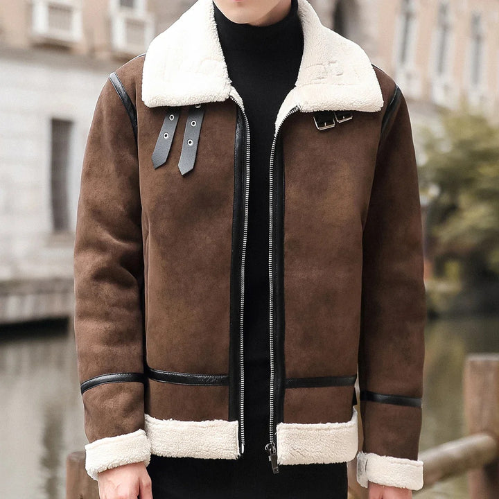 Men's elegant warm suede leather jacket, perfect for autumn days with a stylish and cozy design.