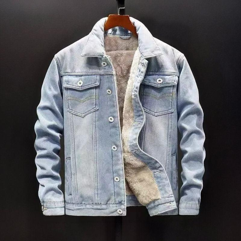 Men's fleece denim jacket with soft inner lining, perfect for autumn layering and casual streetwear looks.








