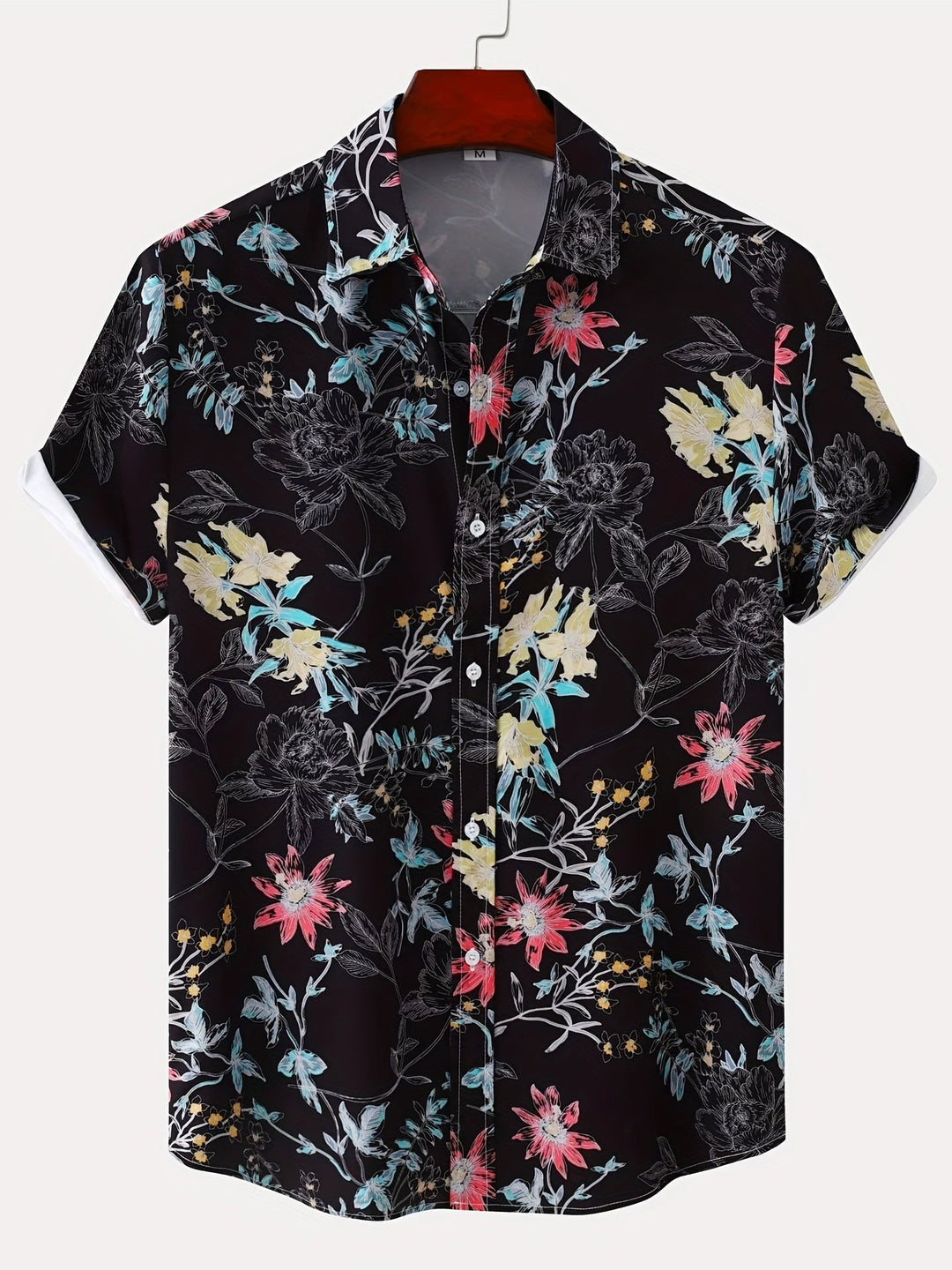 Men's floral Hawaiian shirt with breathable fabric and bold tropical design, perfect for casual and vacation wear.