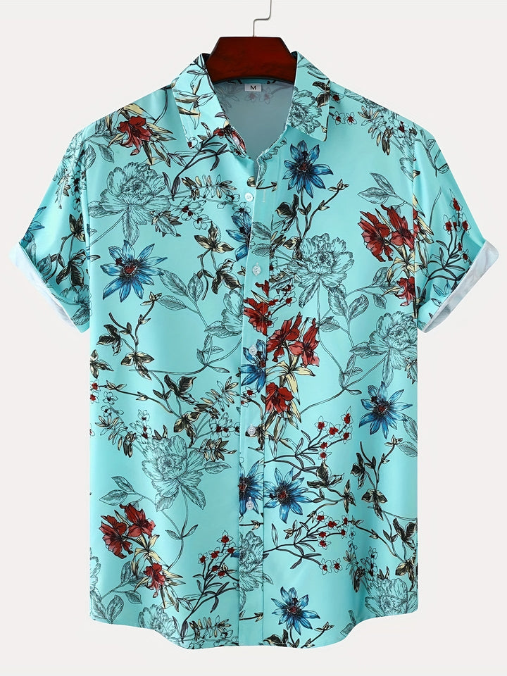 Men's floral Hawaiian shirt with breathable fabric and bold tropical design, perfect for casual and vacation wear.