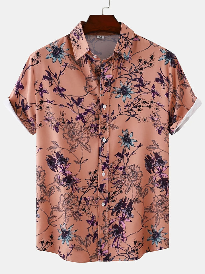 Men's floral Hawaiian shirt with breathable fabric and bold tropical design, perfect for casual and vacation wear.