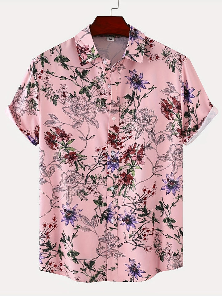 Men's floral Hawaiian shirt with breathable fabric and bold tropical design, perfect for casual and vacation wear.