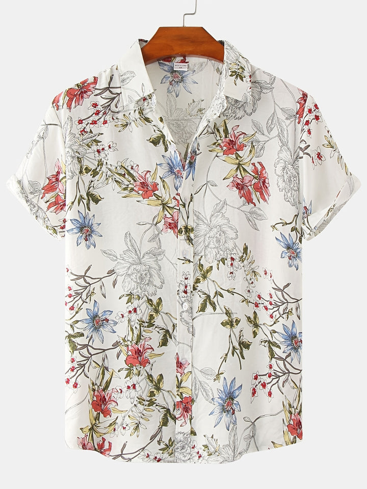 Men's floral Hawaiian shirt with breathable fabric and bold tropical design, perfect for casual and vacation wear.