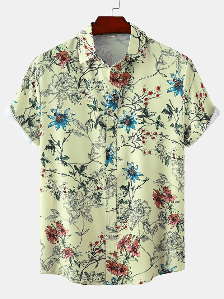 Men's floral Hawaiian shirt with breathable fabric and bold tropical design, perfect for casual and vacation wear.