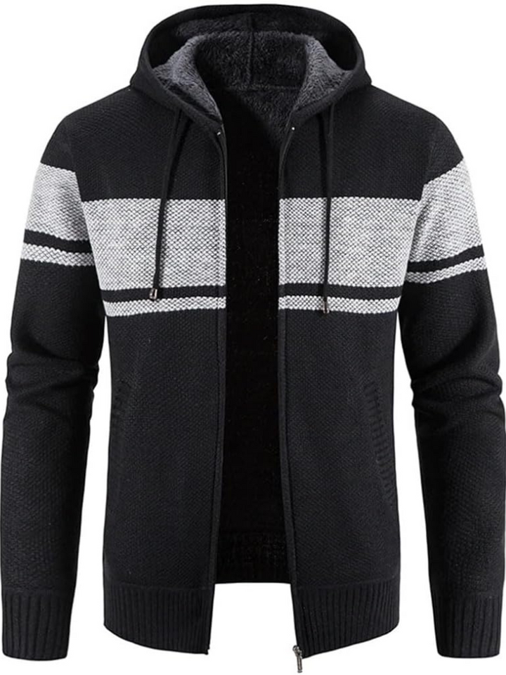 Men’s full-zip knit hoodie ideal for autumn, featuring a hood and soft material for stylish comfort on casual days