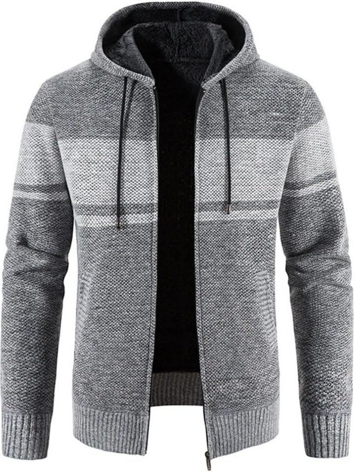 Men’s full-zip knit hoodie ideal for autumn, featuring a hood and soft material for stylish comfort on casual days.