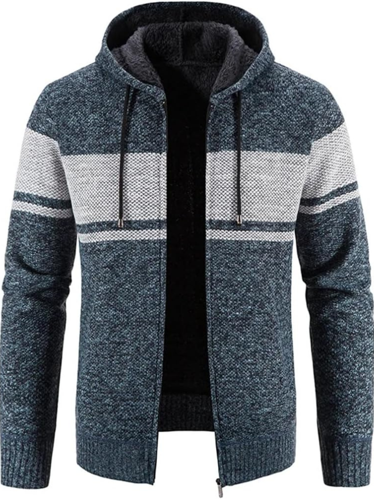 Men’s full-zip knit hoodie ideal for autumn, featuring a hood and soft material for stylish comfort on casual days.