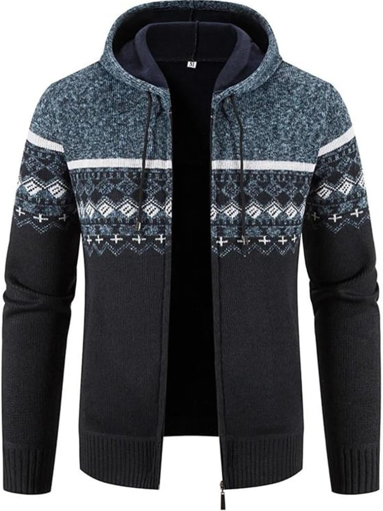 Men’s full-zip knit hoodie ideal for autumn, featuring a hood and soft material for stylish comfort on casual days.