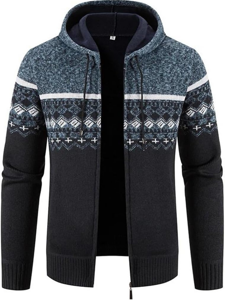 Men’s full-zip knit hoodie ideal for autumn, featuring a hood and soft material for stylish comfort on casual days.