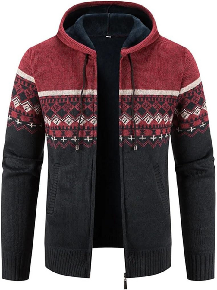 Men’s full-zip knit hoodie ideal for autumn, featuring a hood and soft material for stylish comfort on casual days.
