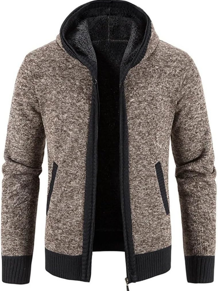 Men’s full-zip knit hoodie ideal for autumn, featuring a hood and soft material for stylish comfort on casual days.