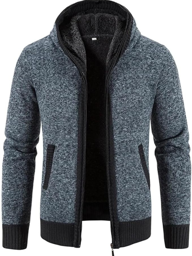 Men’s full-zip knit hoodie ideal for autumn, featuring a hood and soft material for stylish comfort on casual days.