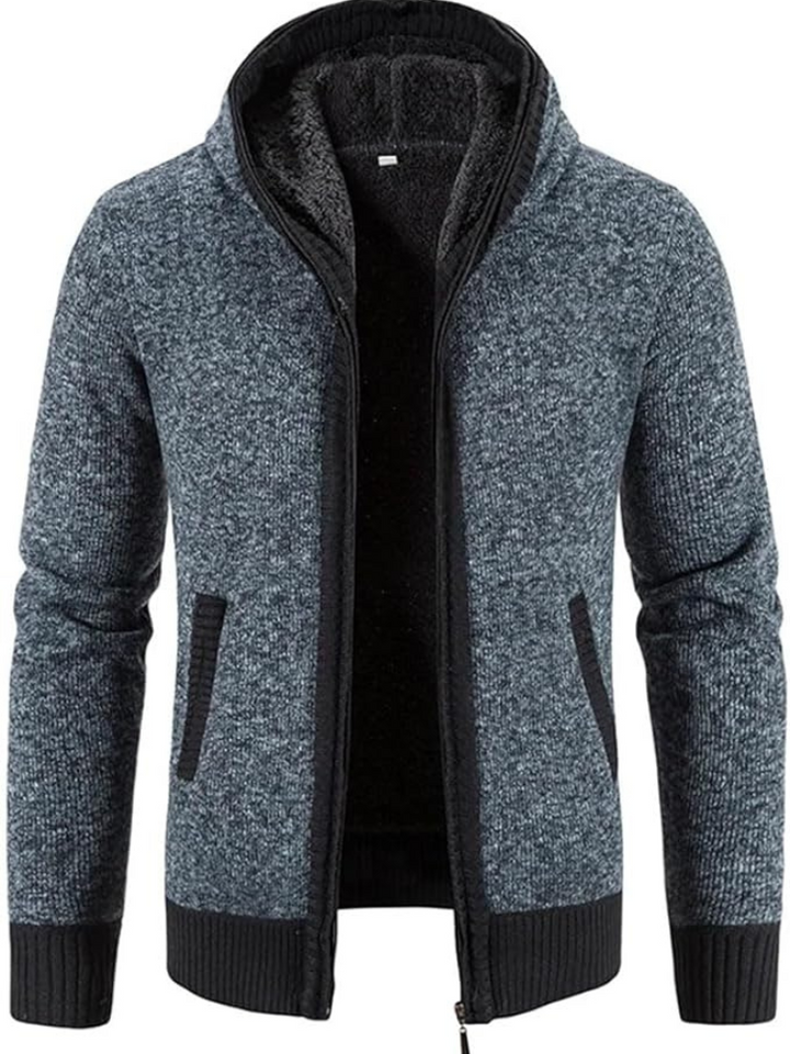 Men’s full-zip knit hoodie ideal for autumn, featuring a hood and soft material for stylish comfort on casual days.