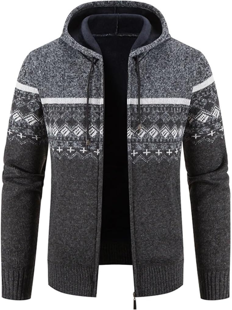 Men’s full-zip knit hoodie ideal for autumn, featuring a hood and soft material for stylish comfort on casual days.